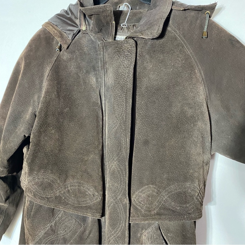Vintage 90s Outlook Brown Suede Leather Coat With Drawstring Waist M - Picture 8 of 16
